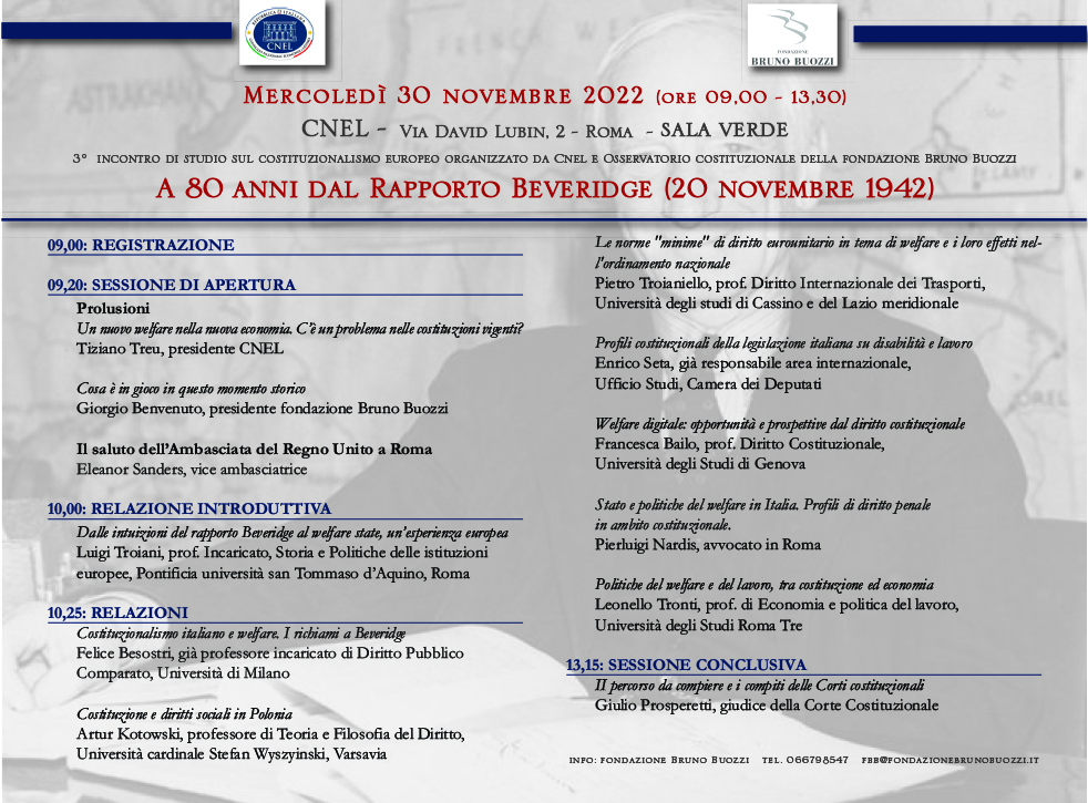 Roma, CNEL. Mercoled 30 novembre 2022, ore 9,00. Convegno sul tema A 80 anni dal Rapporto Beveridge (20 novembre 1942)