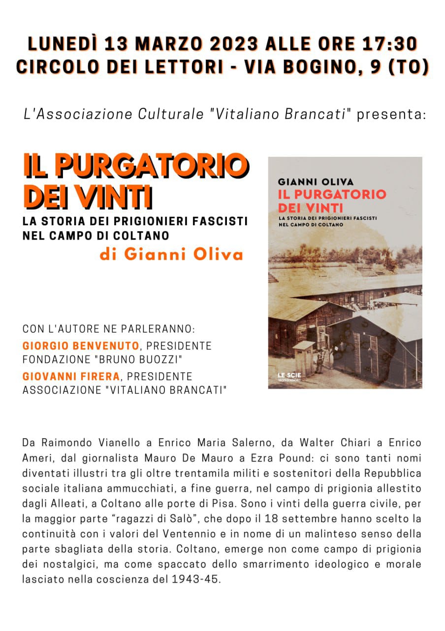 Torino, 13 marzo 2023, ore 17.30, Circolo dei lettori. Presentazione del libro di Gianni Oliva ’Il purgatorio dei vinti’