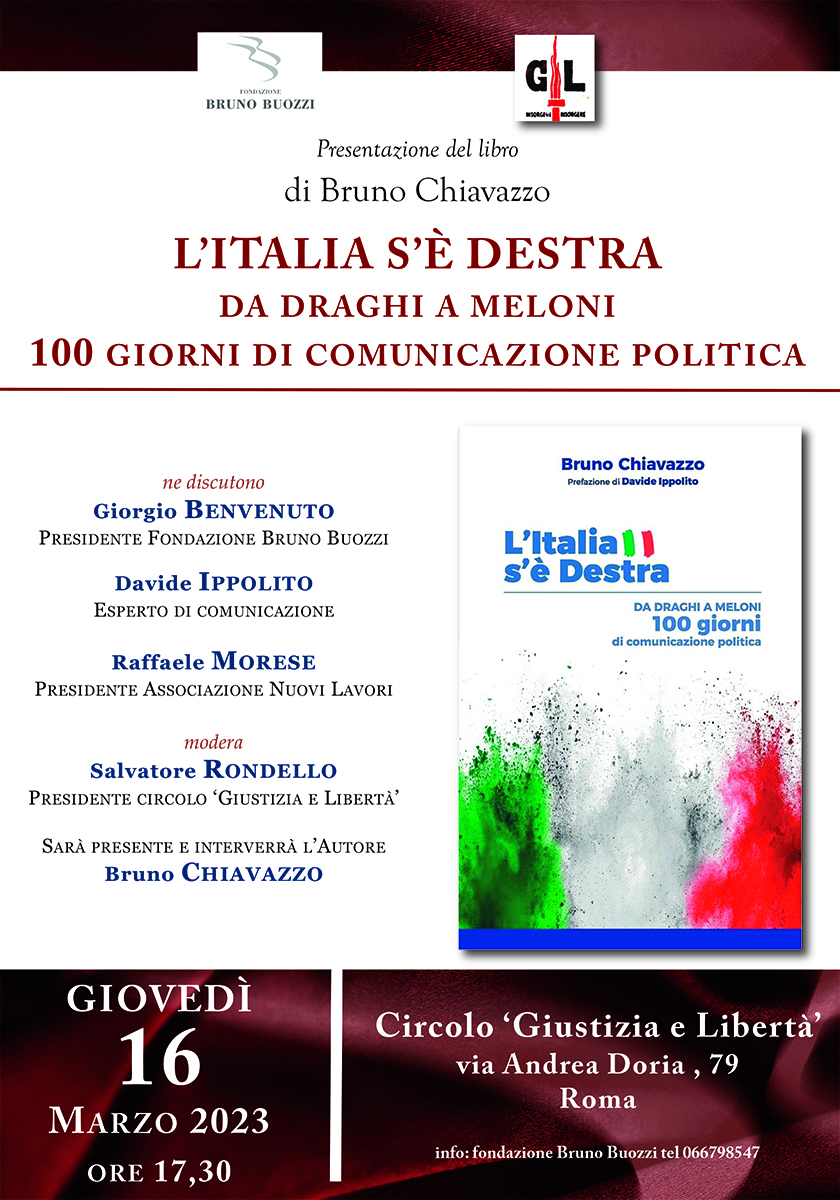 Roma, 16 marzo 2023, ore 17,30, Circolo Giustizia e Libertà. Presentazione del libro di Bruno Chiavazzo ’L’Italia s’è destra’
