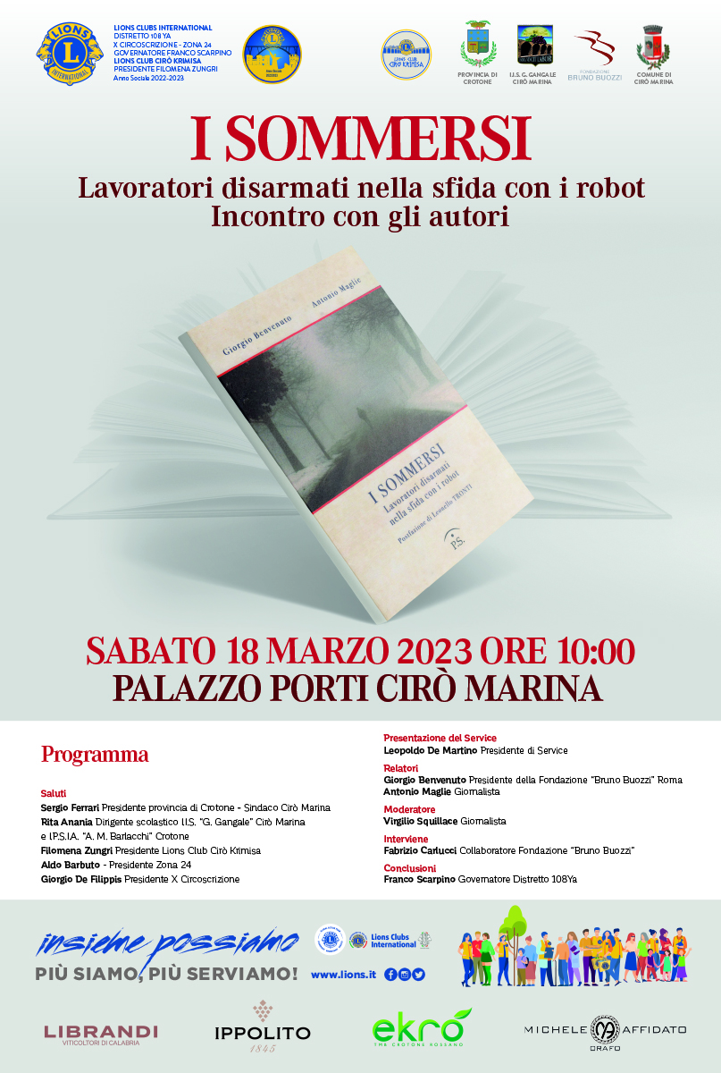 Cir Marina (Kr), 18 marzo 2023, ore 10.00. Palazzo Porti. Presentazione del libro di Giorgio Benvenuto e Antonio Maglie I sommersi