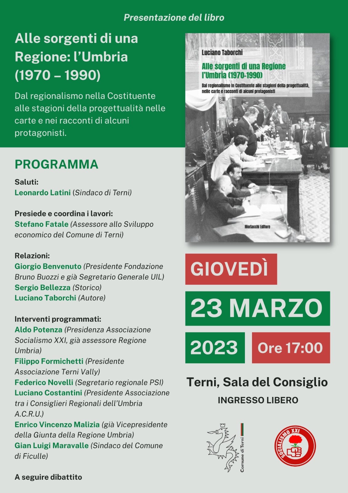 Terni, 23 marzo 2023, ore 17,00, Sala del consiglio. Presentazione del libro di Luciano Taborchi ’Alle sorgenti di una regione: l’Umbria (1970-1990)’