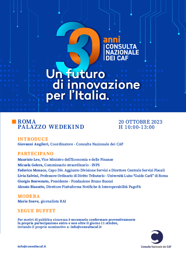 Venerd 20 ottobre 2023, ore 10.00. Roma, Palazzo Wedekind. 30 anni. Consulta nazionale CAF