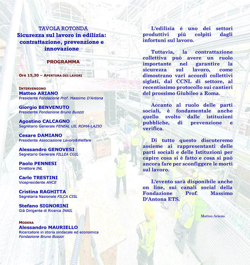 Gioved14 dicembre 2023, ore 15.30. Roma. Tavola rotonda Sicurezza sul lavoro in edilizia. Contrattazione, prevenzione e innovazione