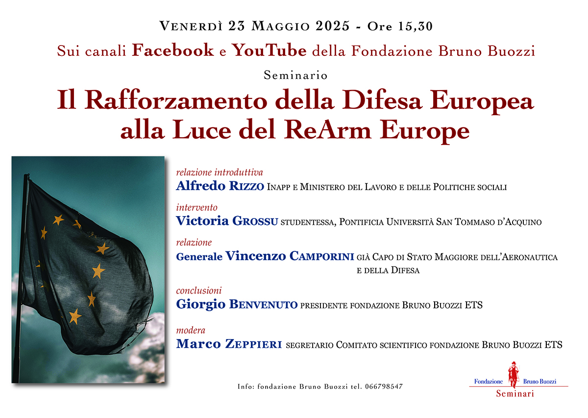 Venerd 23 maggio 2025, ore 15.30, via Remoto. Seminario sul tema Il rafforzamento della difesa europea alla luce del ReArm Europe